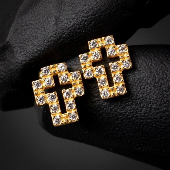 Small Iced Cz Yellow Gold Plated Sterling Silver Cross Stud Screw Back Earrings - Picture 1 of 5